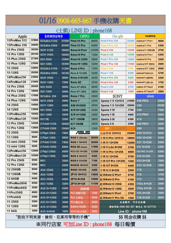 2024年最新手機收購報價單 台南實體店面【現金高價收購二手手機】  立即詢價：0908-665-667（謝老闆）